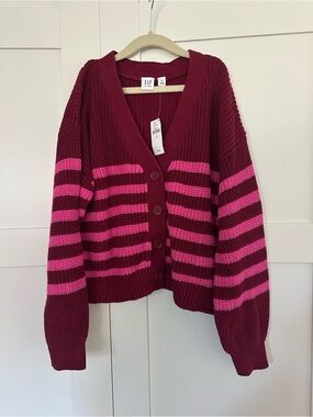 GAP Kids Striped Button-Front Cardigan Sweater - Burgundy & Pink